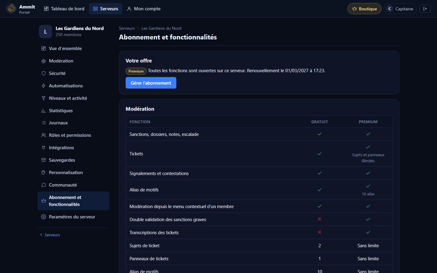 Comparatif gratuit et Premium dans le panel Ammit